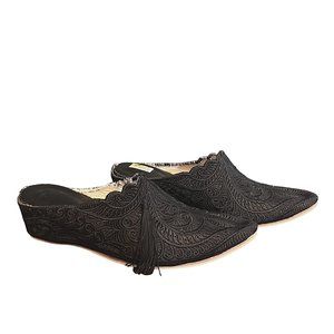 One-of-a-Kind Vintage Embroidered Lace Wedge Mules with Tassels